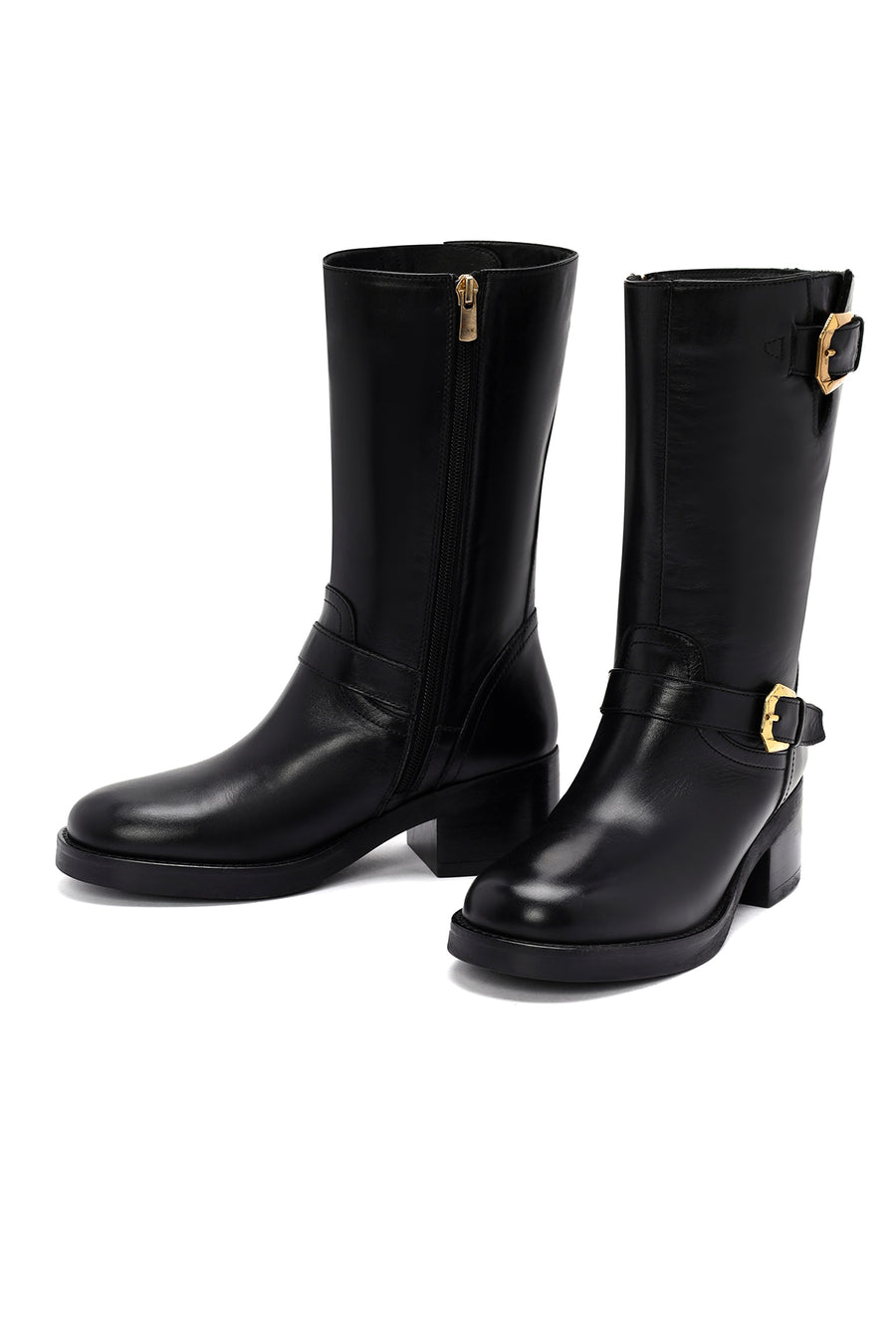 Women's Black Zippered Buckle Detailed Leather Boots