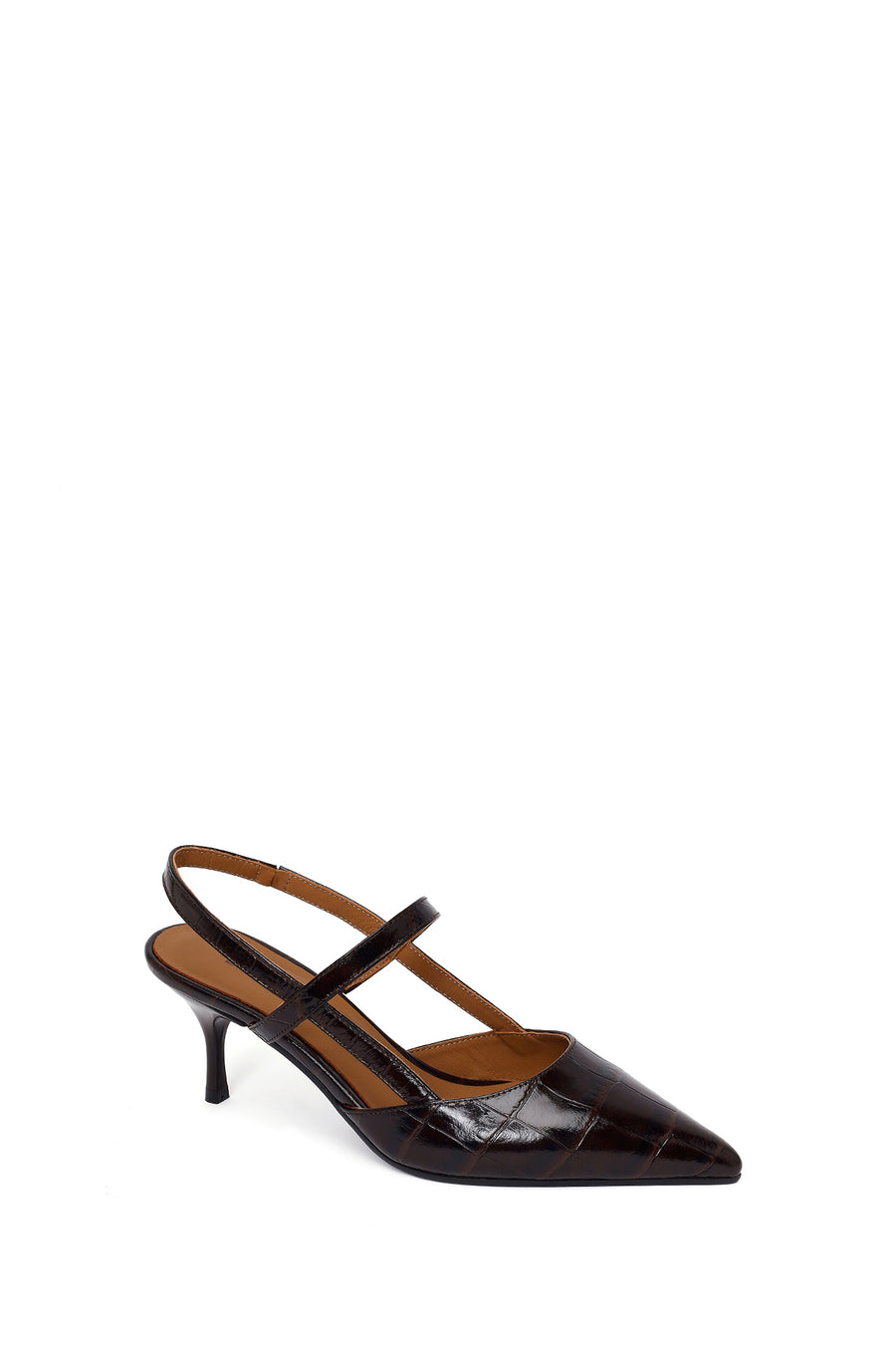 Woman Brown Open-Back Thin-Heeled Croc-Embossed Leather Shoes