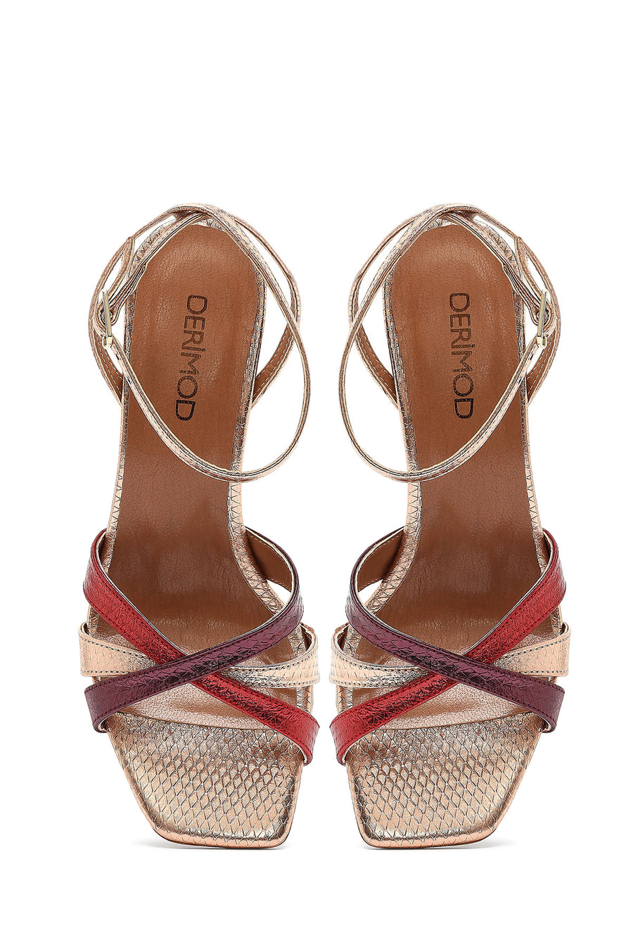 
Women's Gold Ankle-Tie Thin High Heel Patterned Leather Sandal

