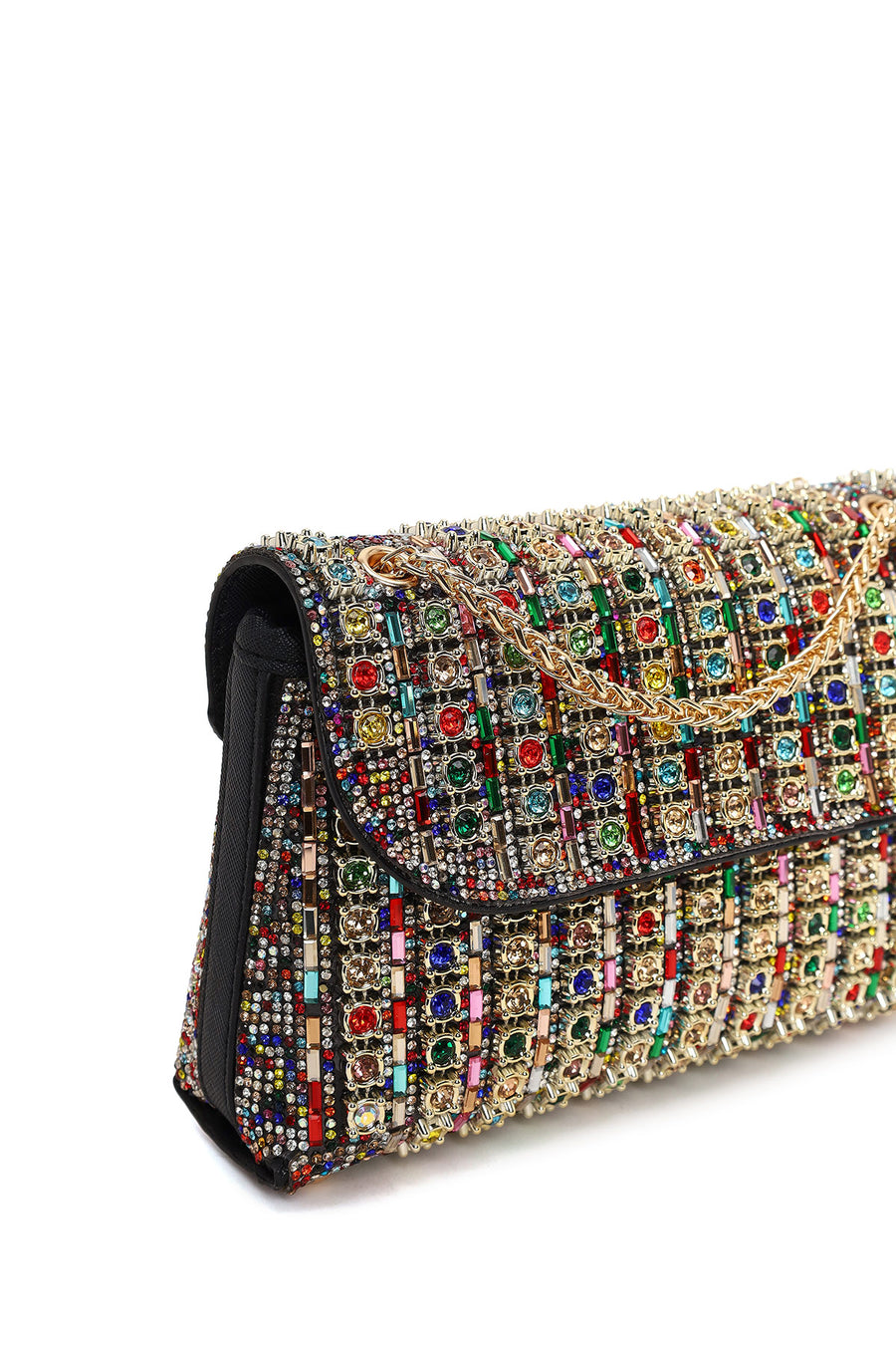Woman Multicolored Long Chain Strap Rhinestone Evening Shoulder Bag