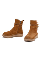 Woman Tan Zippered Suede Leather Teddy Bot | Derimod