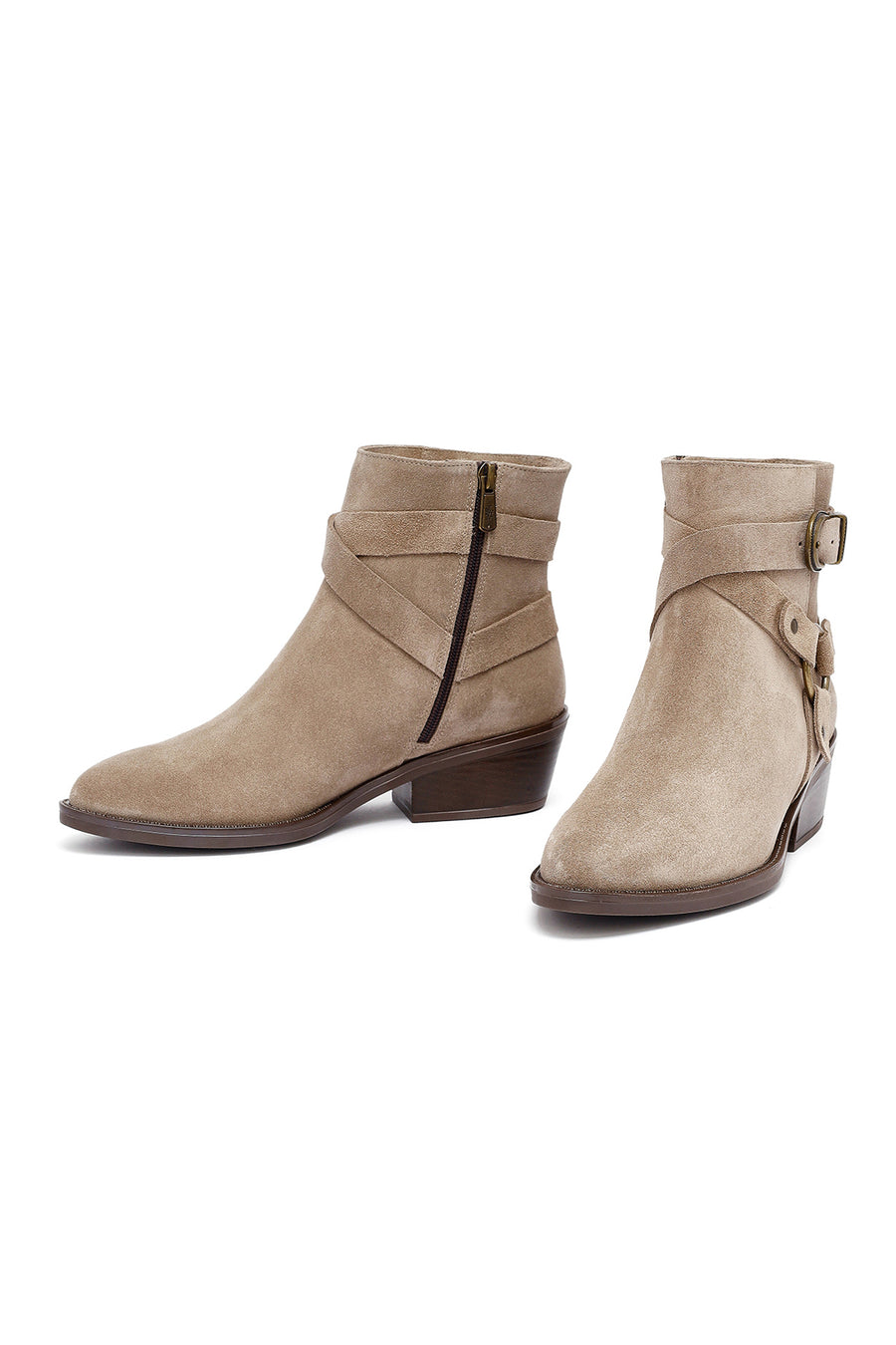 Woman Beige Zippered Suede Leather Cowboy Boots