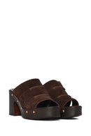 Woman Brown Chunky-Heeled Suede Leather Slippers | Derimod