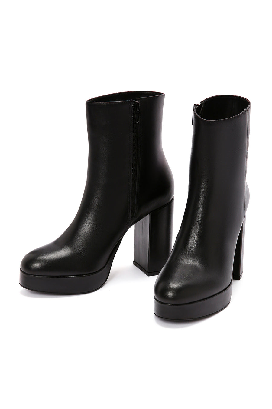 Women's Black Zippered Thick High Heel Leather Boots