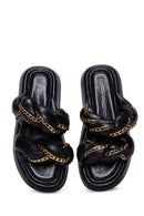 Women's Black Leather Chain Detailed Thick Soled Slippers | Derimod