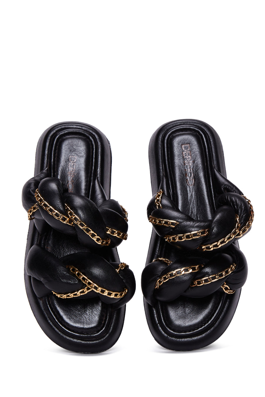 Women's Black Leather Chain Detailed Thick Soled Slippers