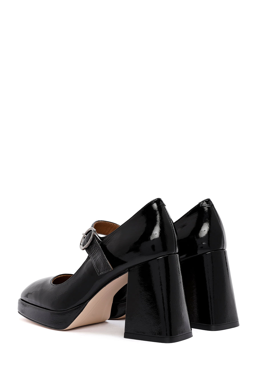 Women's Black Buckled High Thick Heel Leather Mary Jane Shoes