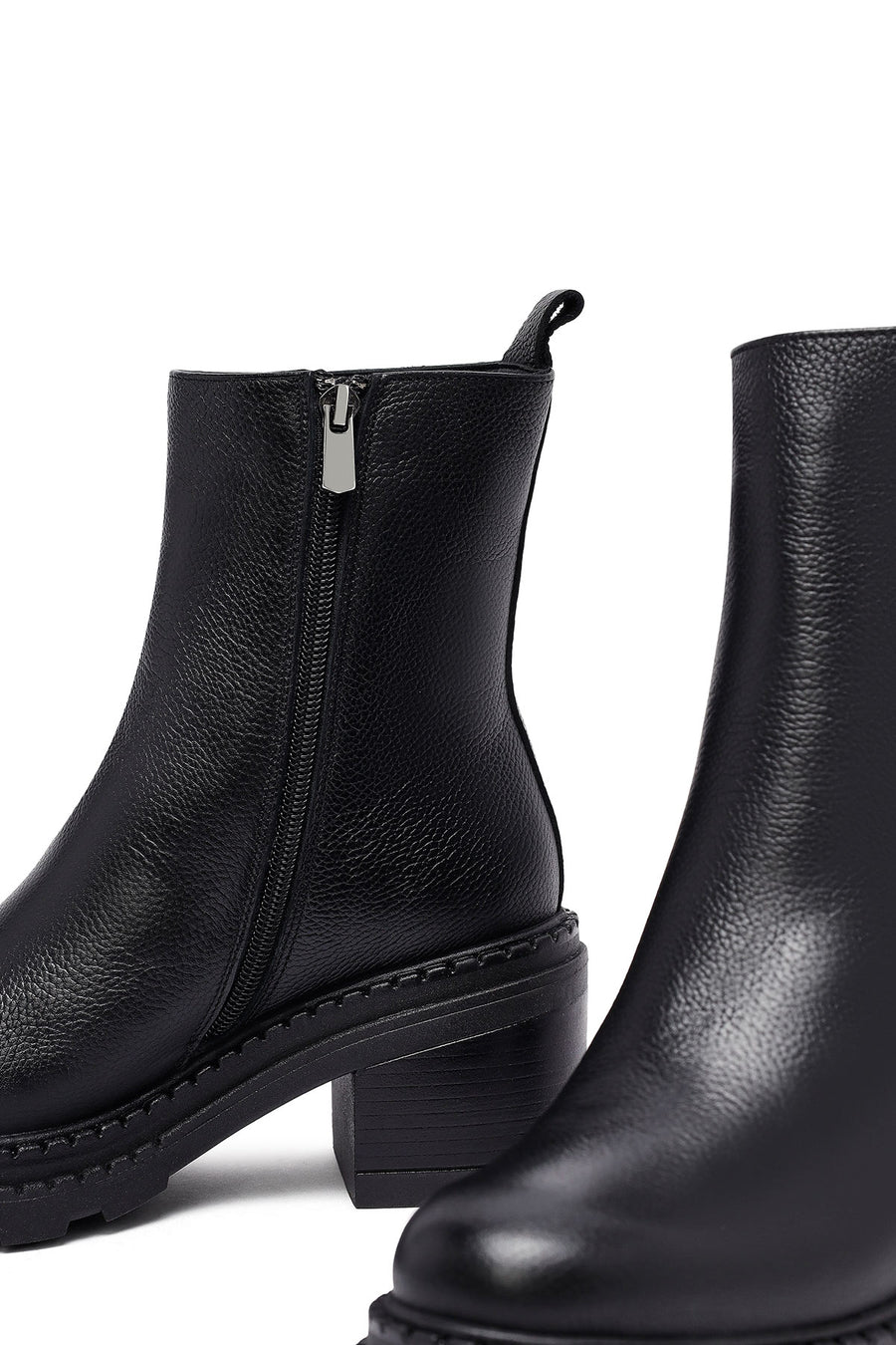Woman Black Zip Closure Platform Thick-heeled Leather Boots