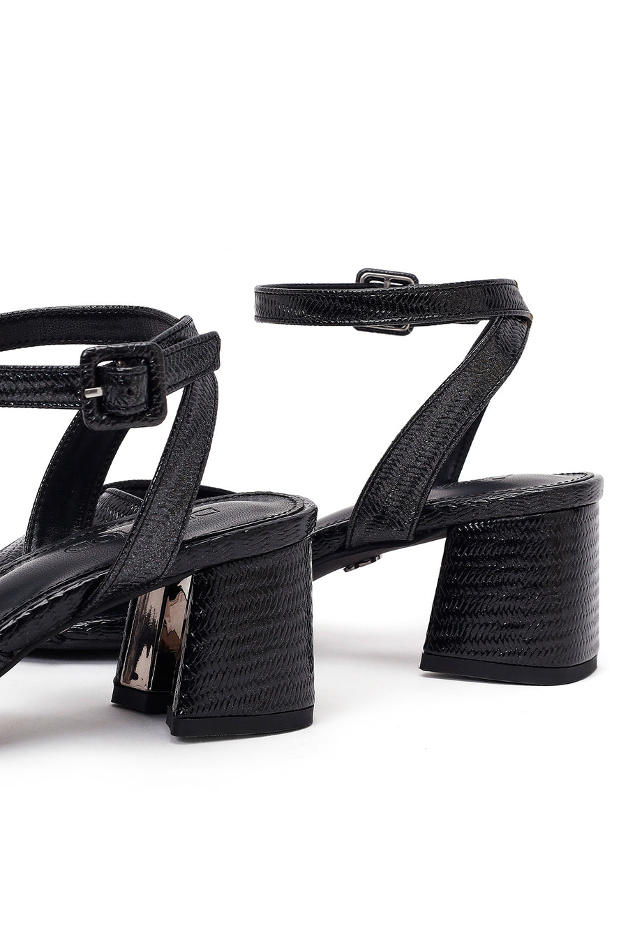 Woman Black Ankle-Buckle Printed Block-Heel Sandals