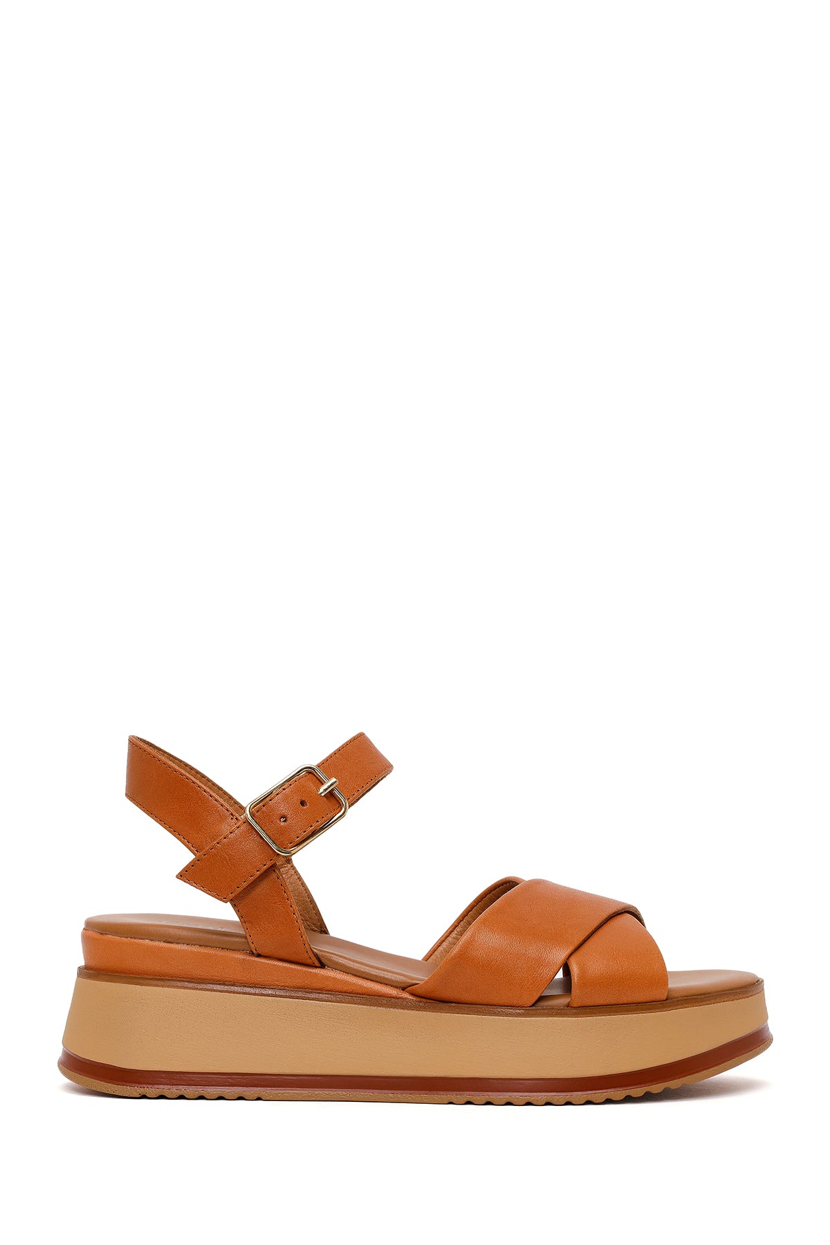 Women's Tan Ankle Strap Thick Soled Leather Sandals 26SFD550618 | Derimod