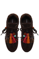 Woman Brown Lace-Up Leopard Leather Sneaker with Charm | Derimod