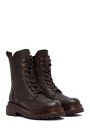 Woman Brown Zip Closure Lace-Up Leather Combat Boots | Derimod