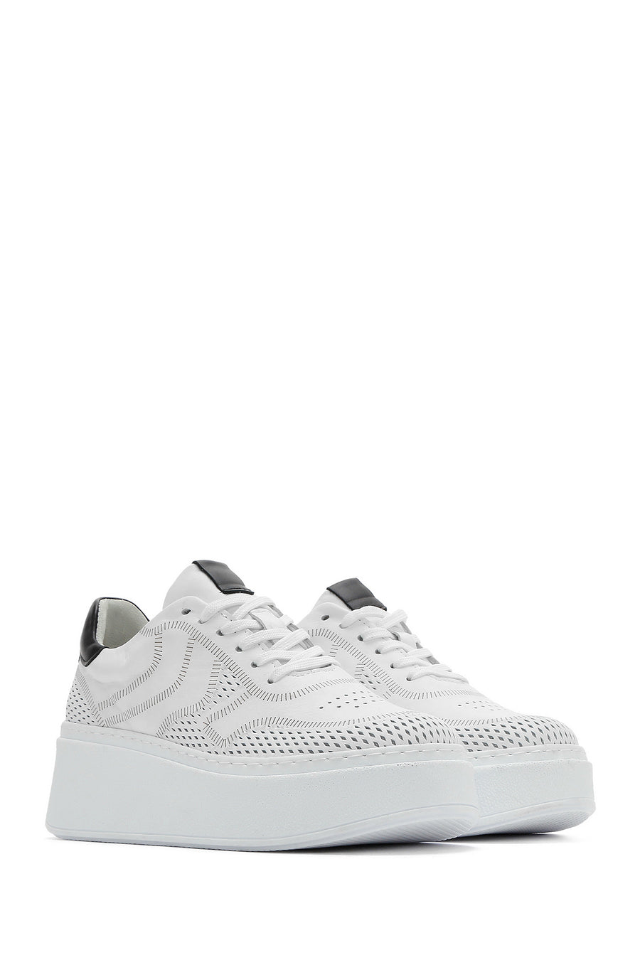 Woman White Laced Thick Sole Leather Sneakers