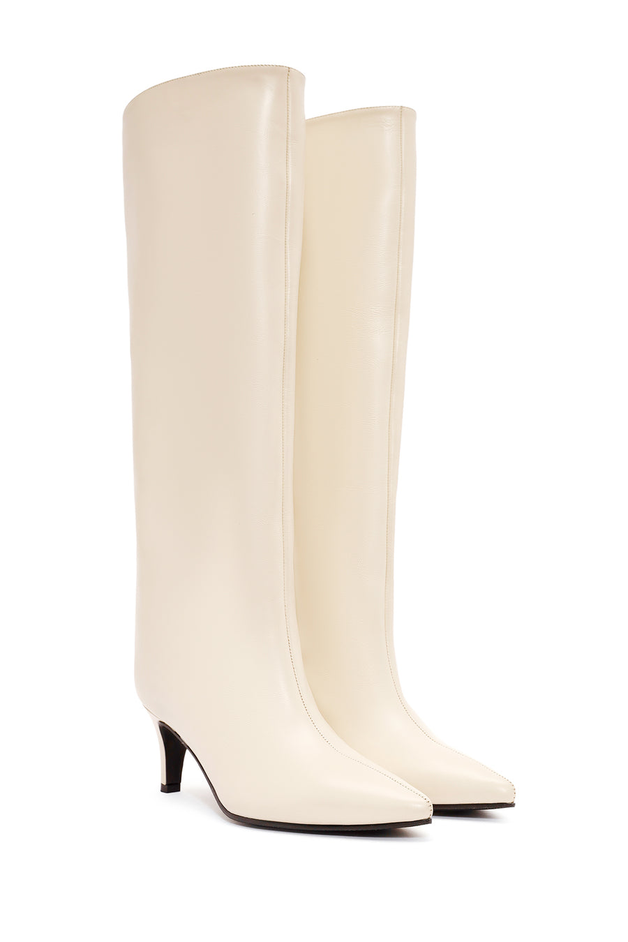 Women's Cream Thin Heel Leather Boots