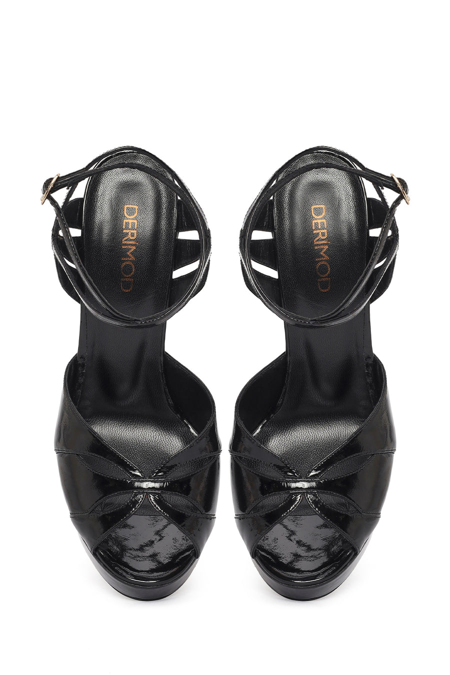 Women's Black Ankle Buckle Platform Thick High Heel Patent Leather Sandals