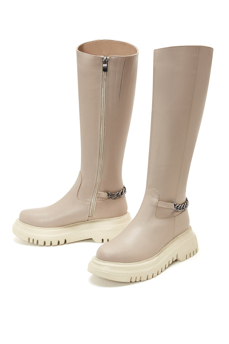 Women's Beige Leather Zippered Chain Detailed Boots