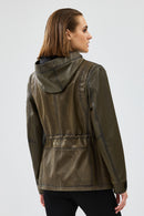 Jessica Women's Khaki Hooded Leather Jacket | Derimod