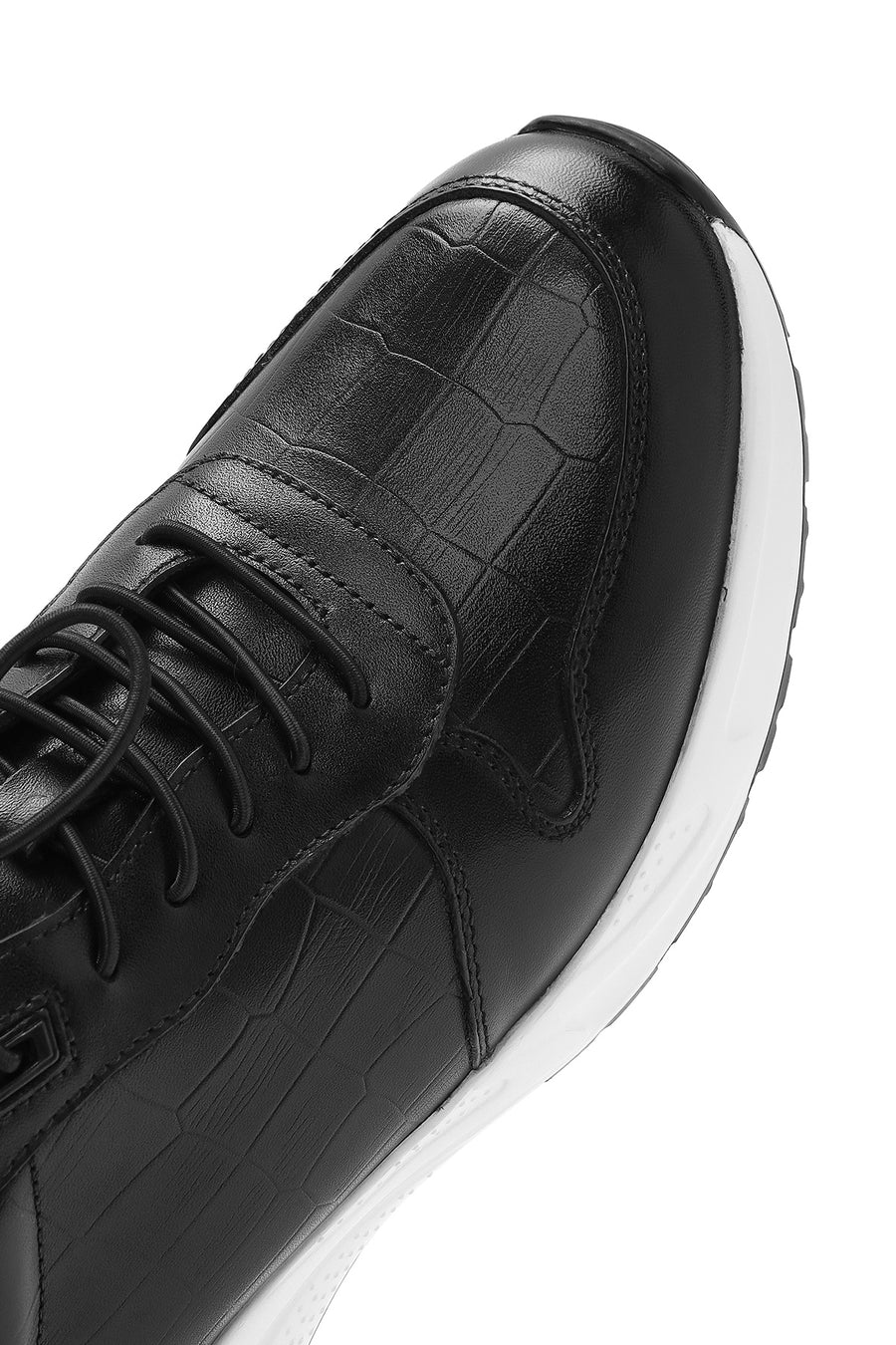 Erkek Siyah Kroko Desenli Bağcıklı Deri Sneaker