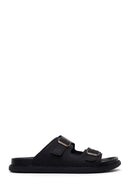 Male Black Double-Buckle Nubuck Leather Slipper | Derimod