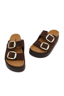 Women's Brown Double Buckle Thick Sole Suede Leather Slippers | Derimod