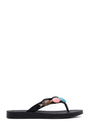 Women's Black Flip Flops with Stones | Derimod