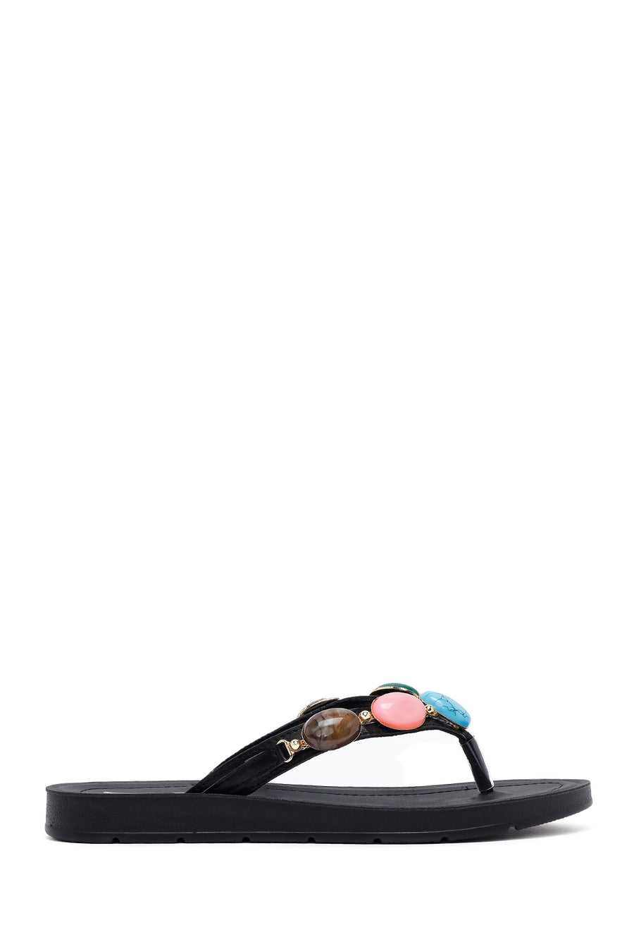 Women's Black Flip Flops with Stones 25SFE463018 | Derimod