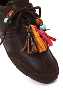 Woman Brown Lace-Up Leopard Leather Sneaker with Charm | Derimod