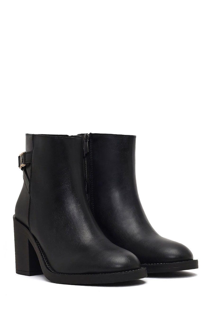 Women's Black Zippered Thick Heeled Boots