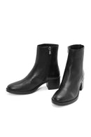 Woman Black Zip Closure Short Thick-Heeled Leather Boots | Derimod