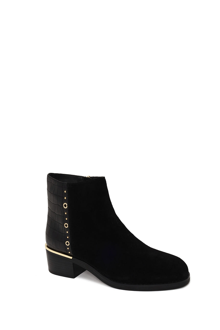 Woman Black Zip Closure Crocodile Patterned Chunky Heeled Suede Boots