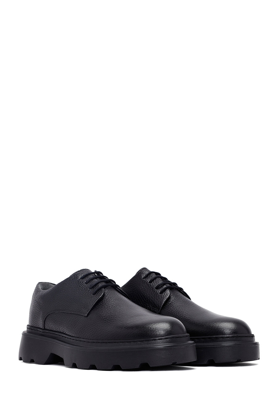 Men's Black Lace-Up Thick-Soled Leather Casual Shoes