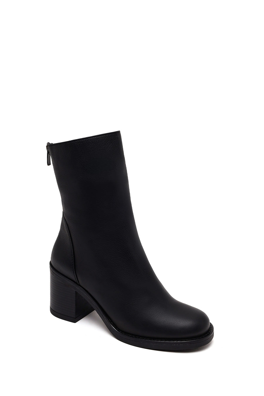Woman Black Zip Closure Thick-Heeled Leather Boots