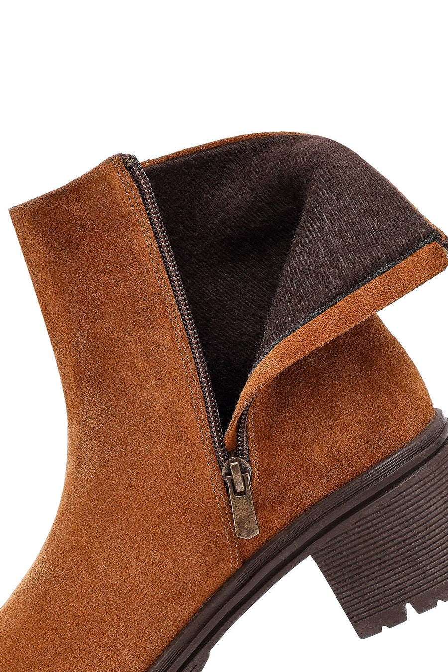 Woman Tan Zippered Chunky Heel Suede Leather Boat