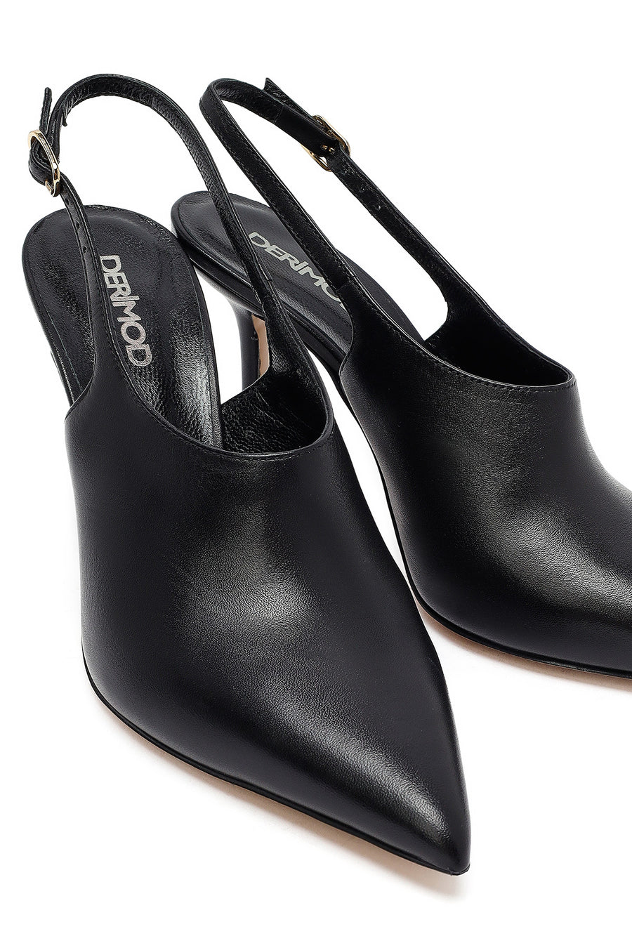 Woman Black Buckled Slingback High Thin Heel Leather Shoe