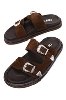 Woman Brown Double-Buckle Suede Slipper | Derimod