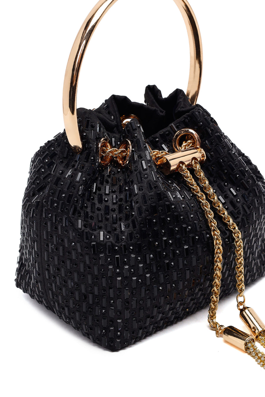 Women's Black Long Chain Strap Stone-Embellished Mini Evening Bag