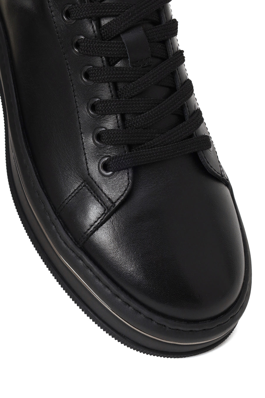 Erkek Siyah Bağcıklı Kalın Tabanlı Deri Sneaker
