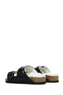 Women's Black Double Buckled Leather Slippers | Derimod