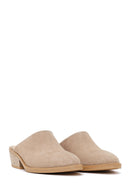 Woman Beige Mule Open Back Chunky Heeled Suede Slipper | Derimod