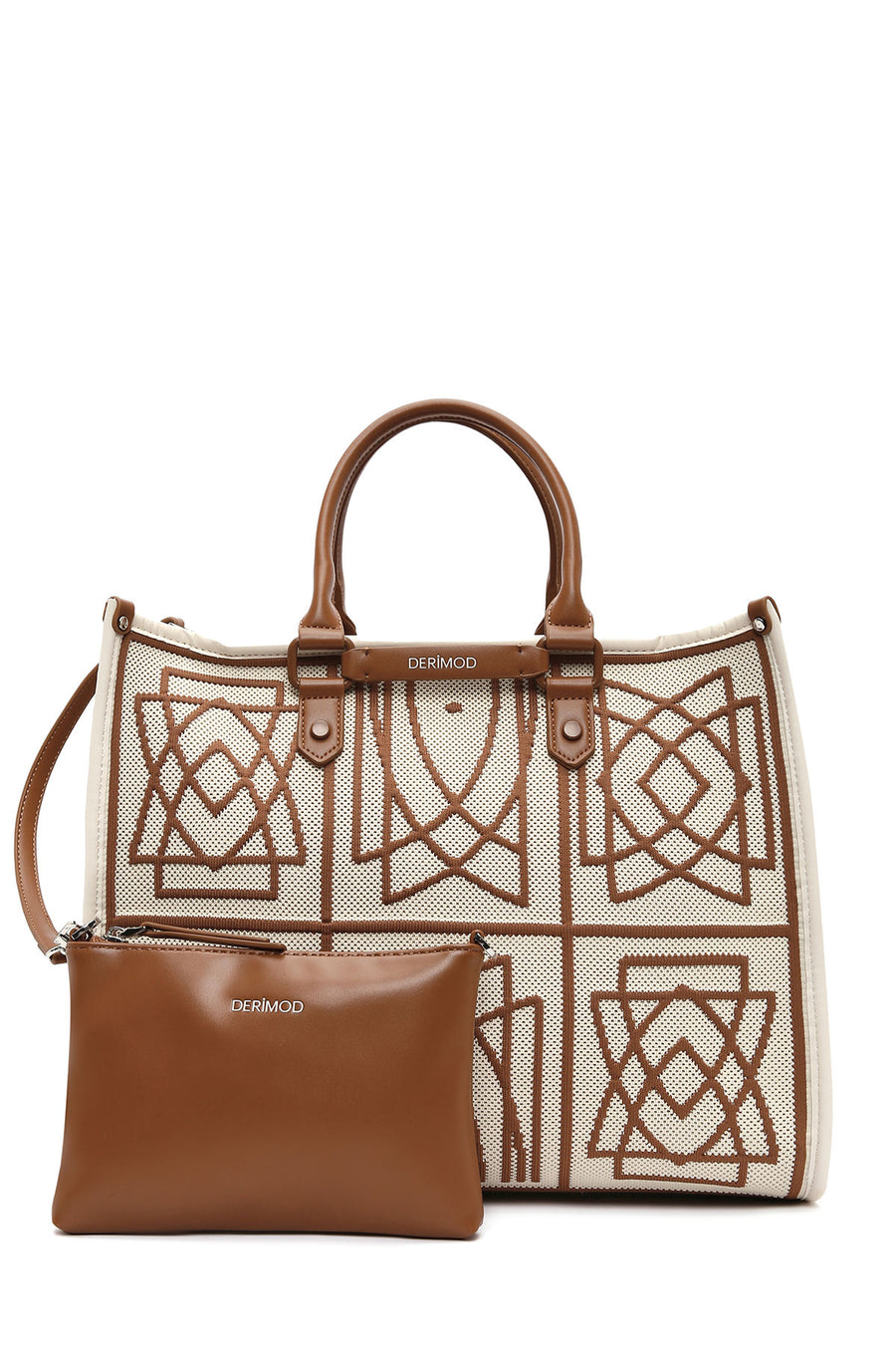 Women's Camel Long Strap Patterned Fabric Shoulder Bag