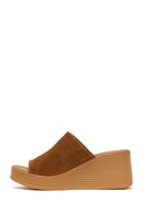 Woman Tan Wedge-Heel Suede Leather Slippers | Derimod