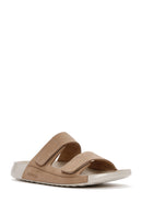 Women's Beige Double-Strap Nubuck Leather Comfort Slippers | Derimod