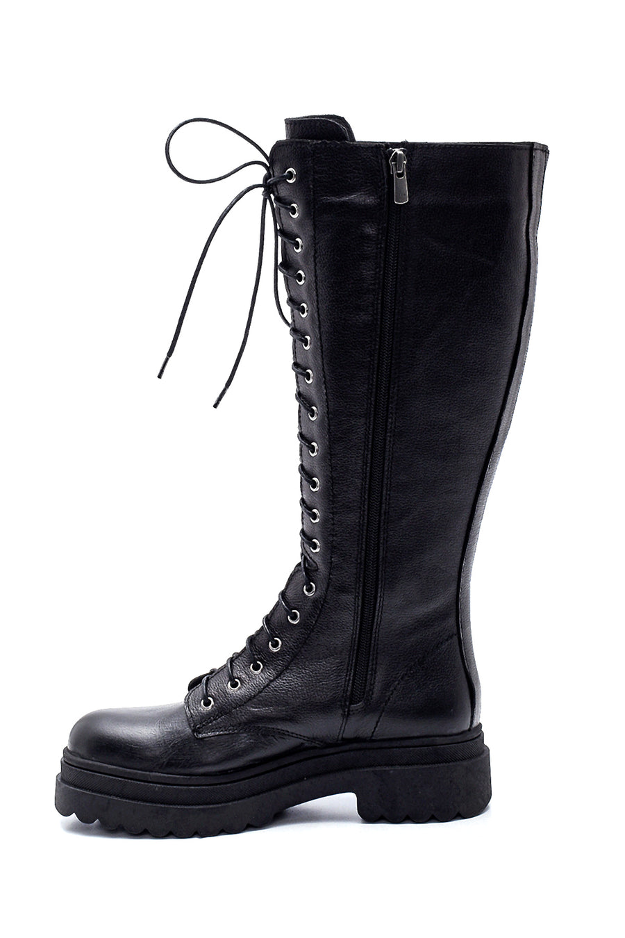 Women's Black Leather Casual Flat Boots