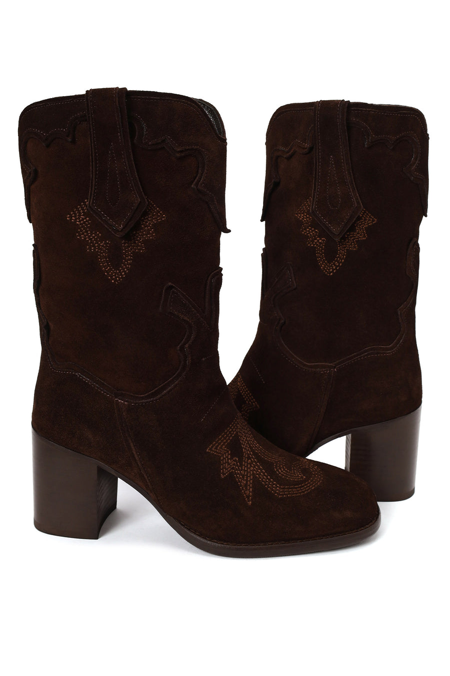 Woman Brown Thick-Heeled Patterned Suede Cowboy Boots