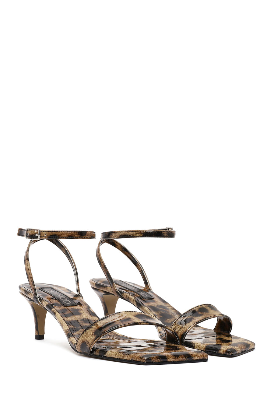 Women's Leopard Ankle Buckle Low Thin Heel Patent Leather Sandals