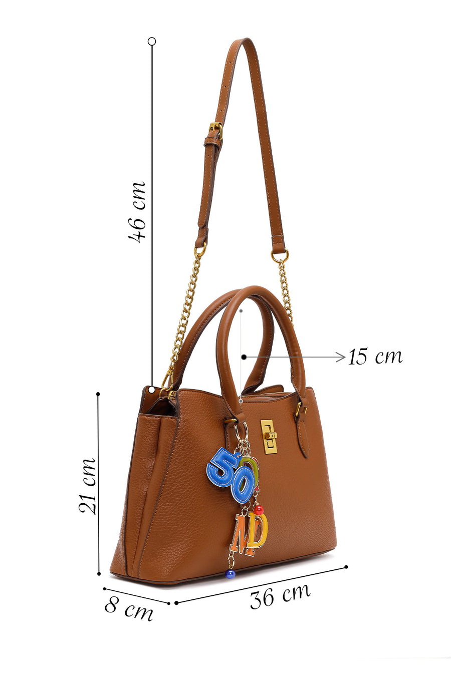 Woman Tan Long-Strap Accessorized Shoulder Bag