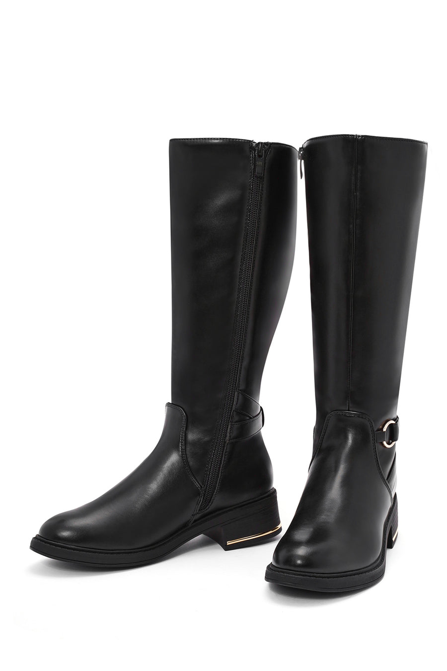 Woman Black Zip Closure Buckle Detailed Boots