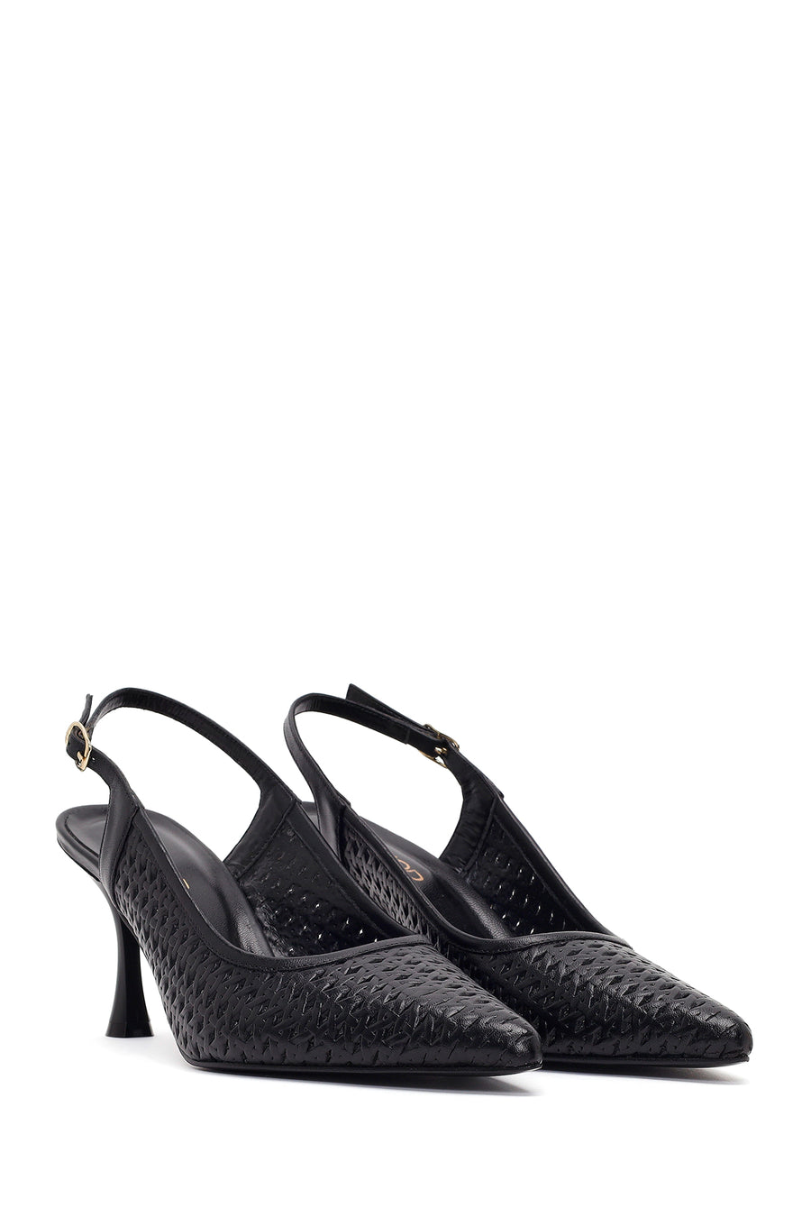 Women's Black Ankle Buckle Printed Thin Heel Open Back Leather Shoes