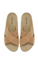 Women's Beige Strapped Nubuck Leather Comfort Slippers | Derimod