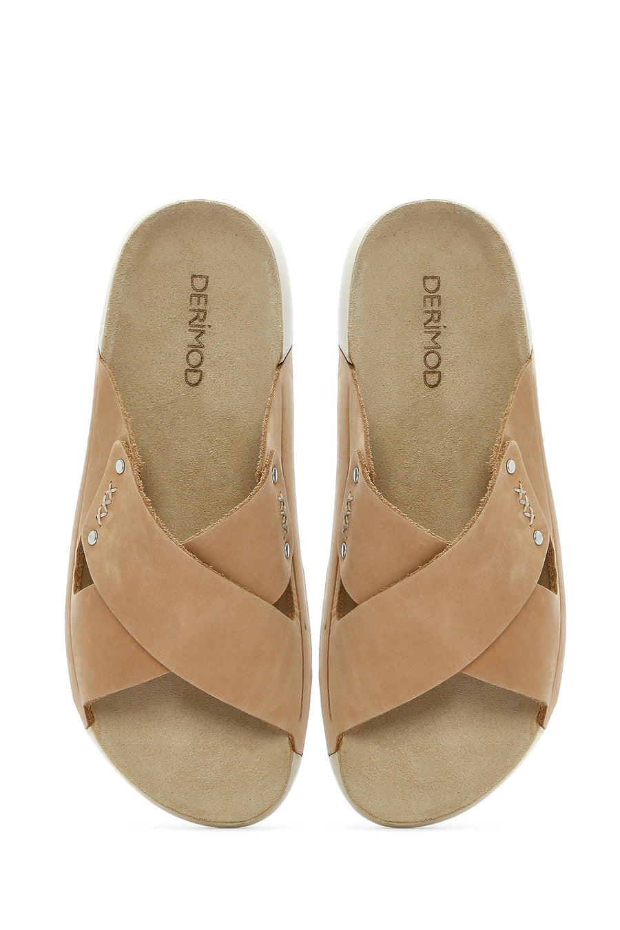 Women's Beige Strapped Nubuck Leather Comfort Slippers